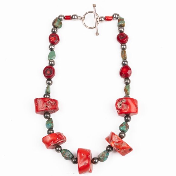 Turquoise and Chunky Red Coral  & Silver Bead Statement Vintage Necklace - Picture 4 of 8